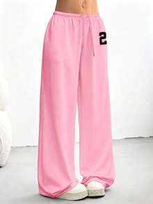 SHEIN EZwear 女式休闲宽松抽绳腰运动裤，印有数字 23，适合秋冬季、日常穿着和返校季 - 粉色 - 查看 5