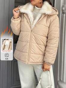 Easura 连帽毛领拼布拉链抽绳常规棉服 - 卡其色 - 查看 5