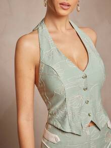 L'Amorae Embroidered Shell Button Backless Halter Top, Summer - Mint Green - View 2