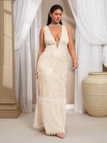 VOLUPTÉ CURVE Plus Size Summer Champagne White Sequin V-Neck High Slit Feather Patchwork Deep Long Formal Dress For Wedding, Party, Graduation, Prom, Going Out - Apricot - View 7