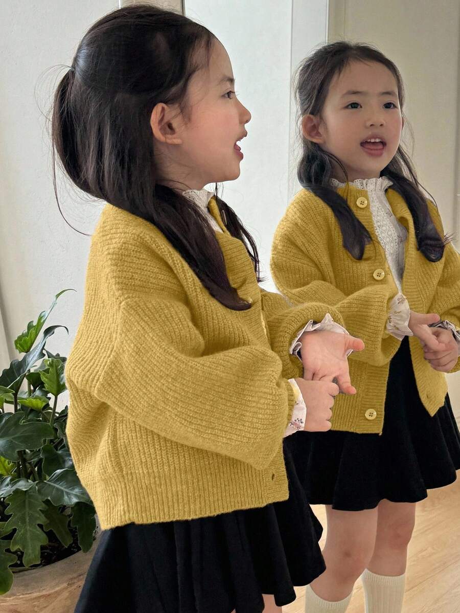 Dazy Kids 年轻女孩纯色落肩长袖单排扣宽松休闲针织开衫 - 黃色 - 查看 1