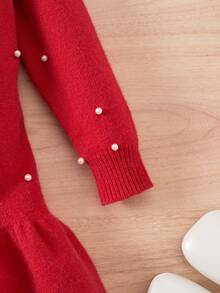 SHEIN Girls' Retro Straight Pearl Elegant Knit Dress, Red Round Neck Beaded Sweater Dress Suitable For Home, Outings, Parties, Back To School Autumn And Winter Young Girls Dressse Girls  Autumn French Style Dress - Red - View 4