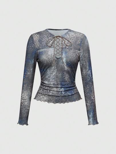 Grunge Punk Top aderente con scollo a V profondo, effetto Tintura a nodi e motivo leopardato, stile vintage e sexy