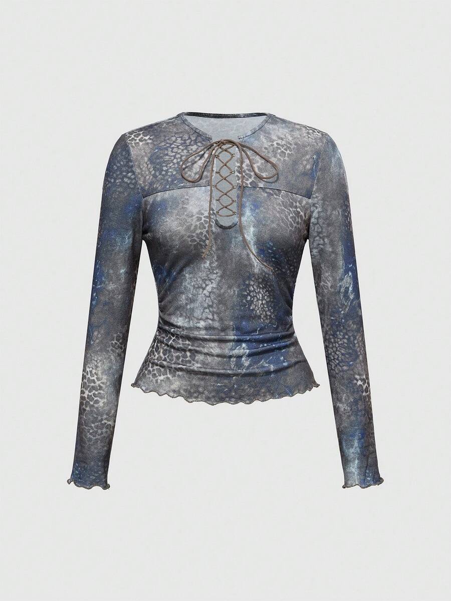 ROMWE Grunge Punk Top ajustado con cuello en V profundo, estampado de leopardo y teñido anudado en estilo vintage y sexy