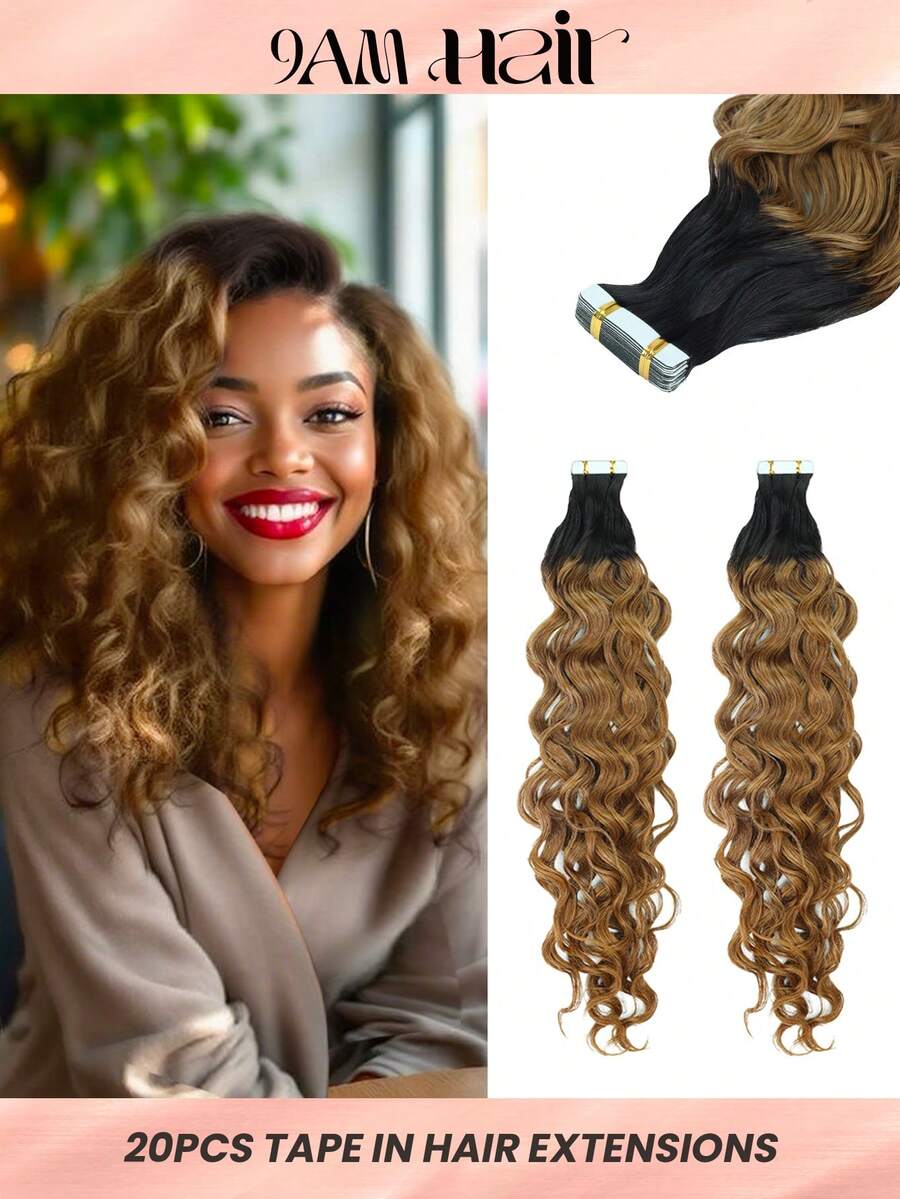 Extensiones de cabello con cinta de onda de agua, cabello humano Remy #1B/30 natural y marrón, 20 piezas 50G, extensiones de cabello virgen, extensiones de cabello real - S1/30 - Ver 1