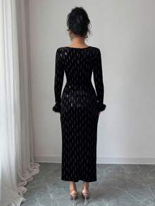 Modelyn Women's Velvet Patchwork Long Sleeve Twist Pleated Bodycon Dress, Autumn/Winter - Black - View 2