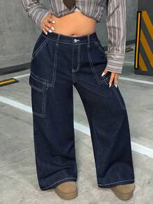 Jeanoix Jeans de mezclilla azul oscuro sin estiramiento de estilo callejero para mujer de talla grande