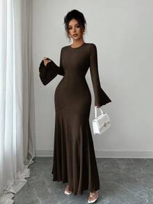 Elenzga Women's Elegant Stretchy Fitted Mermaid Hem Ruffle Sleeve Dress, Autumn/Winter - Coffee Brown - View 6