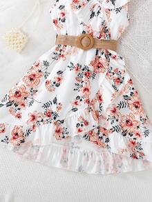 SHEIN Young Girl Floral Print Dress With Ruffled Hem Summer Holiday - Multicolor - View 4