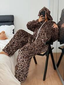 Dream Adore Plus Size Cozy Hooded Leopard Print Jumpsuit Fluffy Pajamas With Ear Decoration,Thick Brown Autumn Night Wear Cute Lounge Set For Women - Multicolor - View 7