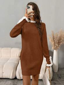SHEIN LUNE Women's Casual Lace Collar Raglan Sleeve Knitted Dress, Autumn/Winter - Rust Brown - View 4