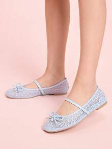 CUCCOO DOLLMOD Women's Blue Mesh Color-Blocking PU Pearl Bow Decor Cute Mary Jane Flat Sandals, Suitable For Vacation - Blue - View 3