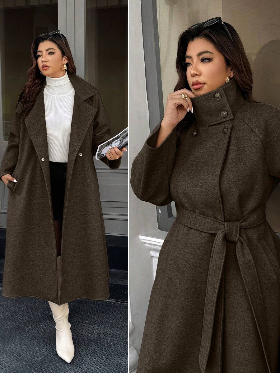 Easura Plus Size Women's Solid Color Raglan Sleeve Belted Casual Long Woolen Coat, Autumn/Winter - Coffee Brown - View 1