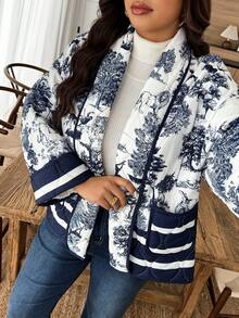 Weeklong Plus Size Women's Colorful Placement Print Contrast Trim Open Front Loose Padded Coat, Autumn/Winter - Multicolor - View 6