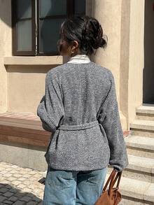 SHEIN EZwear Chaqueta de lana con cuello en V y cinturón, ropa de mujer de moda casual para otoño e invierno - Gris - Ver 2