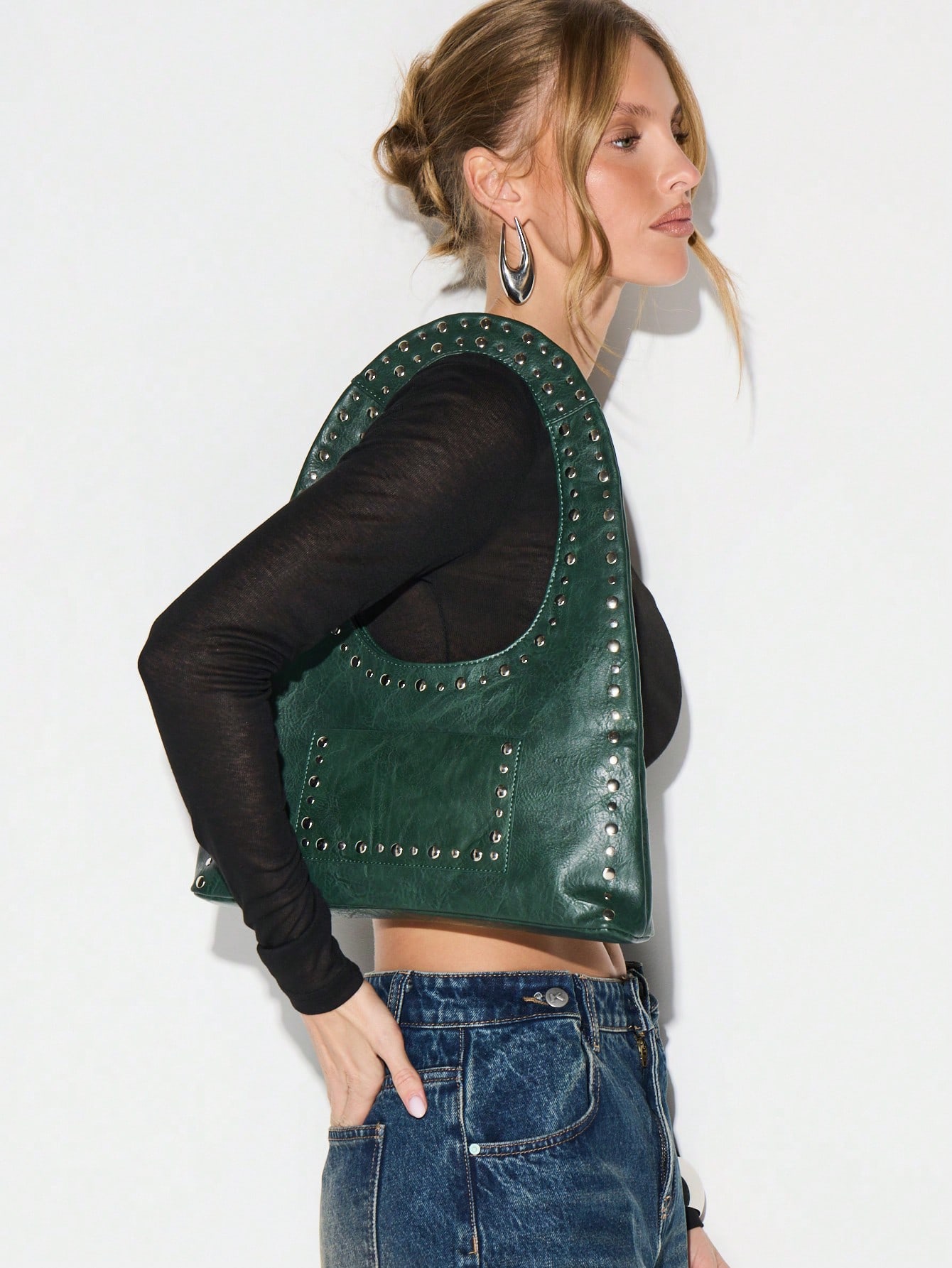 KIZN Studded Hobo Bag With Metal Accents