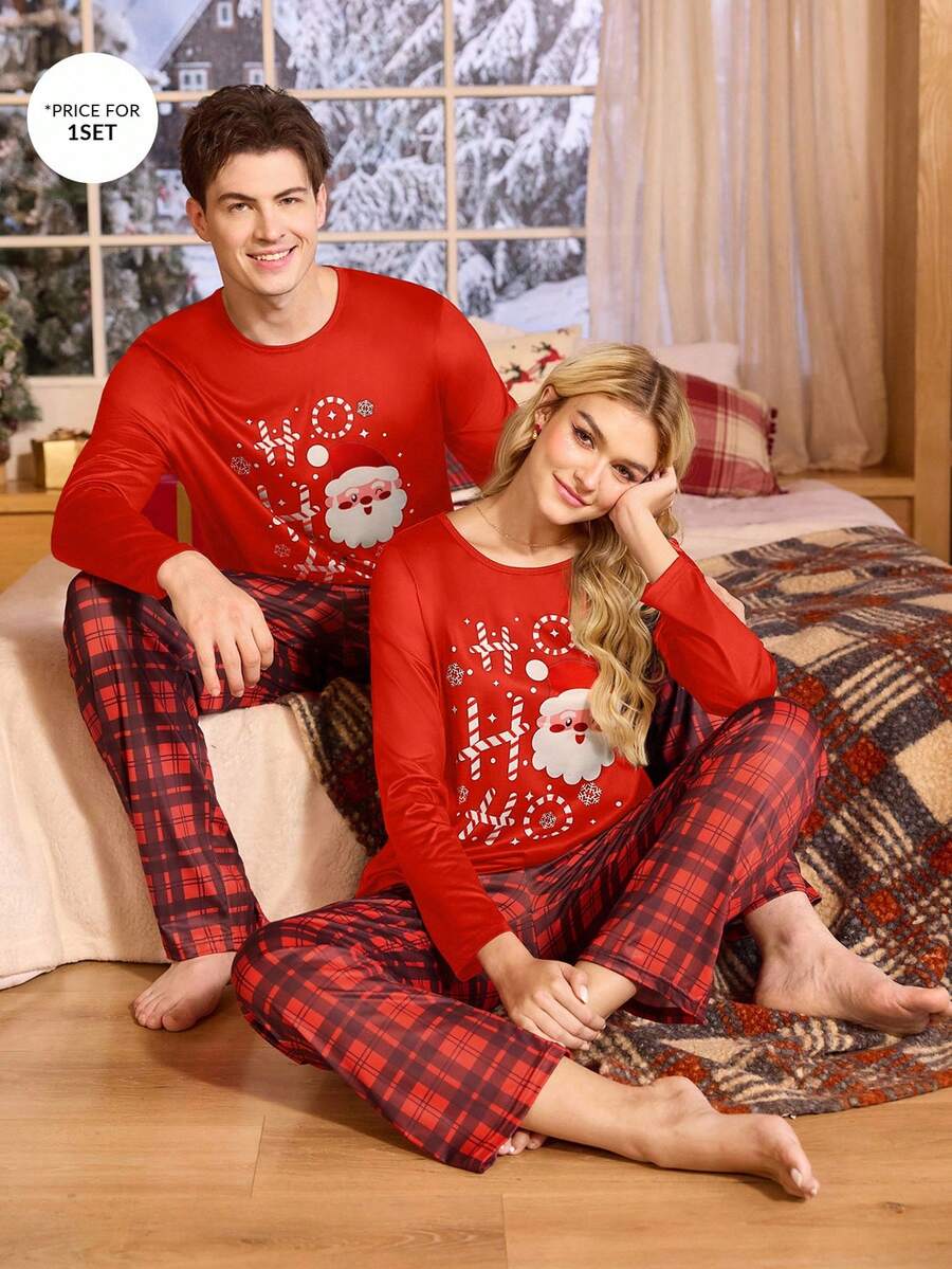 CoupledUp Bộ đồ ngủ nam tay dài họa tiết kẻ caro màu tương phản hình ông già Noel Giáng sinh Bộ đồ ngủ đôi màu đỏ Bộ đồ ngủ Giáng sinh Quần áo Giáng sinh cho mùa đông - Nhiều màu - Xem 1