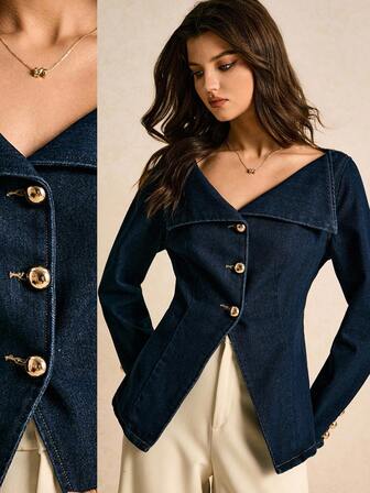Poéselle 女士时尚束腰牛仔夹克 深蓝色上衣 女士牛仔上衣 海军蓝上衣 女士牛仔上衣 深蓝色牛仔上衣 女士牛仔衬衫 女士冬季夹克 圣诞女装 新年装 优雅女式衬衫