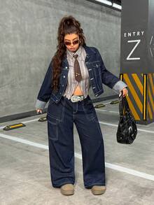 Jeanoix Jeans de mezclilla azul oscuro sin estiramiento de estilo callejero para mujer de talla grande