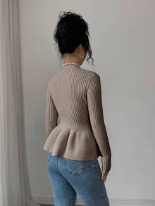Elenzga V领修身拼布花卉下摆不对称纽扣女式开衫 - 卡其色 - 查看 2