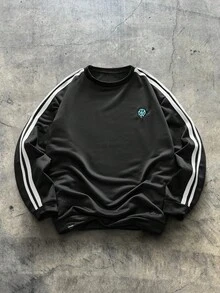 AXEPEAK 男士休闲条纹拼布长袖宽松套头衫 - 黑色 - 查看 1