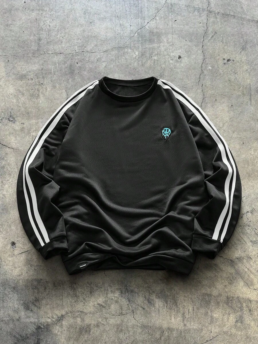 AXEPEAK 男士休闲条纹拼布长袖宽松套头衫 - 黑色 - 查看 1