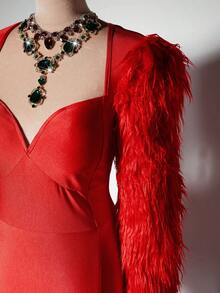 Viva Relle Plus Size Furry Sleeve Patchwork Dresswinter Christmas Summer Party Elegant New Year - Red - View 4