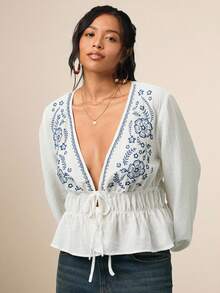 SHEIN VCAY Plus Size Bohemian Style Floral Embroidered Deep V Lantern Sleeve Flared Hem Blouse  Embroidery Lace-Up - White - View 3