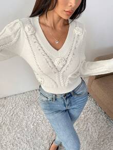 SHEIN Unity French Casual Crochet V-Neck Women's Long Sleeve Pullover Sweater, Autumn/Winter - White - View 3
