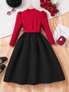SHEIN Teen Girls' Elegant Color Block Bow & Faux Pearl Decor Dress, Autumn - Multicolor - View 2
