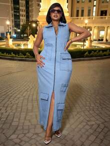 Slaydiva 大码女式牛仔弹力无袖 V 领连衣裙，休闲时尚，商务优雅，多口袋 - 藍色 - 查看 3