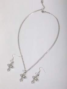 ROMWE Kawaii 1 pieza Collar con cruz de rhinestone + 1 pieza de aretes con cruz de rhinestone, Elegante y personalizado conjunto de joyería con colgante de cruz de rhinestone de alta gama, adecuado para uso diario, vacaciones y regalos