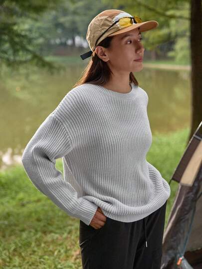 In My Nature Women's Solid Color Loose Fit Regular Crew Neck Long Sleeve Sweater