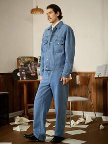 RivetRise Men's Blue Autumn Streetwear City Break Denim Jacket And Pants Set,Casual Single-Breasted Long Sleeve OVERSIZE Vintage Washed Urban Cargo Overalls - Blue - View 6