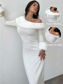 Firerie Vestido de punto asimétrico con cuello y puños de piel sintética blanca desmontables para mujer, ideal para otoño/invierno, vestido de invierno para mujer, ropa de invierno para mujer, vestido de invierno para mujer, ropa de invierno para mujer, vestido de invitada de boda, ropa de mujer para Año Nuevo, atuendo de fiesta, vestido de profesora, vestido de punto hombros descubiertos, para ir a trabajar, elegante, para uso diario, vestido de invierno, atuendo de trabajo otoño/invierno - Blanco - Ver 2