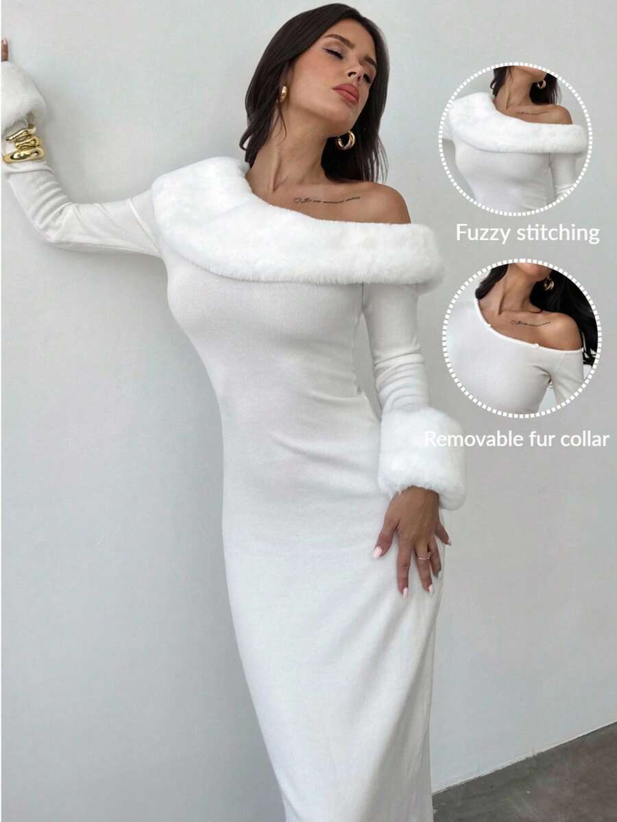 Firerie Vestido de punto asimétrico con cuello y puños de piel sintética blanca desmontables para mujer, ideal para otoño/invierno, vestido de invierno para mujer, ropa de invierno para mujer, vestido de invierno para mujer, ropa de invierno para mujer, vestido de invitada de boda, ropa de mujer para Año Nuevo, atuendo de fiesta, vestido de profesora, vestido de punto hombros descubiertos, para ir a trabajar, elegante, para uso diario, vestido de invierno, atuendo de trabajo otoño/invierno