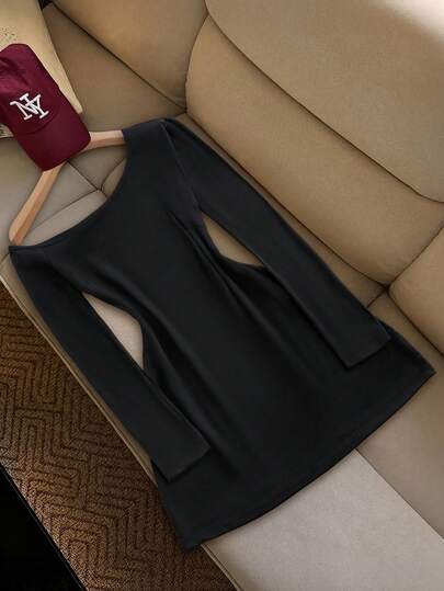 INAWLY 女式纯色斜肩长袖修身休闲短款连衣裙