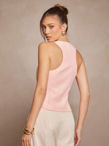 L'Amorae 女士粉色工字背心，金色纽扣装饰，春夏 - 粉色 - 查看 6