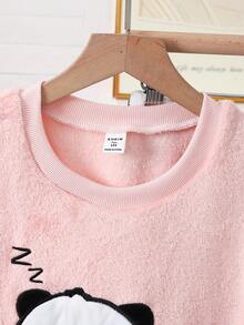 Ensemble de pyjama pour adolescentes comprenant un sweat-shirt en peluche rose avec panda brodé et un pantalon en peluche léopard épais et confortable à manches longues - Rose bonbon - Voir 4