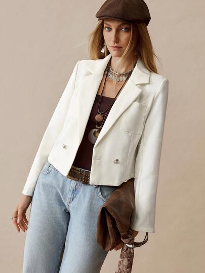 Chiquease 女士优雅商务双排扣长袖中式立领西装外套，带口袋，杏色纹理，冬季