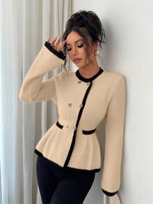 Elenzga Women's Elegant Round Neck Front Button Design Contrast Color Sweater - Khaki - View 6