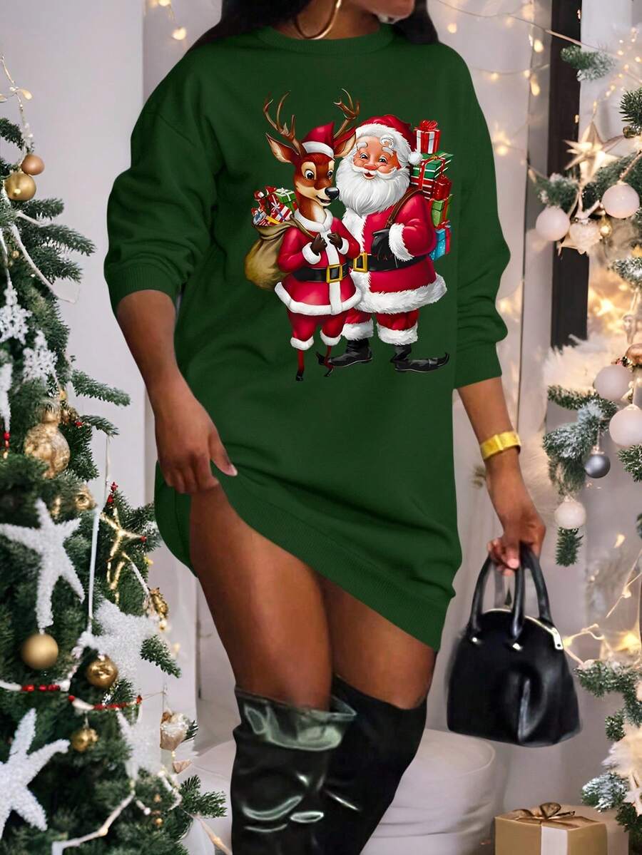 EMERY ROSE Plus Size Holiday Atmosphere Dress, Autumn/Winter Plus Size Dress, Christmas - Dark Green - View 1