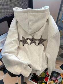 EMERY ROSE Women's Long-Sleeved Casual Hooded Sweatshirt With Leopard Print And Star Pattern, Autumn - Light Grey - View 2