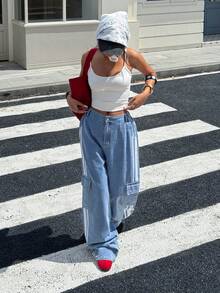 SHEIN Explorewe 青少年女孩休闲时尚酷炫侧条纹仿口袋设计系带宽松直筒牛仔裤 - 淺藍色 - 查看 7