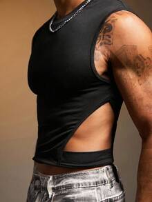 FeverCity Men's Solid Color Round Neck Side Hollow Out Slim Fit Tank Top