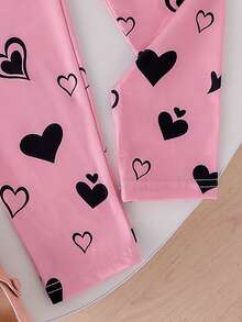 小女孩可爱日常穿搭，猫咪印花发箍，圆领长袖白色上衣，粉色爱心印花黑色裤子，儿童秋季休闲装 - 白色 - 查看 5