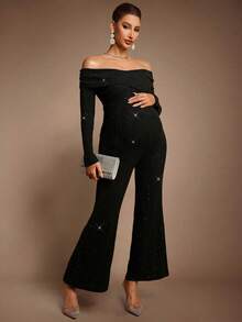MaterniChic Pregnant Women's Elegant Black Glitter Off Shoulder Long Sleeve Jumpsuit For Autumn,Formal Evening Party & Baby Shower Maternity Jumpsuits - Black - View 6