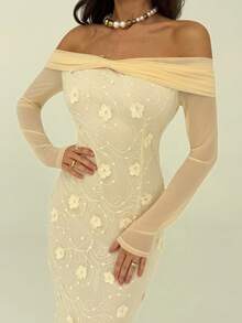 Aloruh Vestido midi de manga larga elegante para mujer con aplicaciones, parche de malla hombros descubiertos