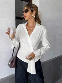 Serisse Damen Einfarbige Kreuz-Wickel Geraffter Vorderseite Knopf Elegante Langarm Bluse - Weiss - Übersicht 6