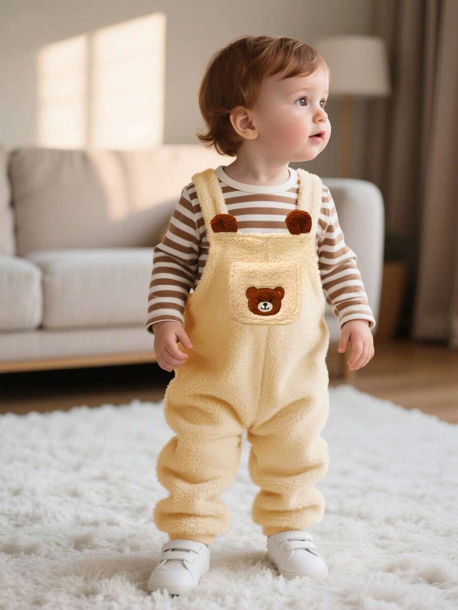 SHEIN Toddler Boys Cute Bear Jumpsuit Long Pants + Long Sleeve T-Shirt Set, Back To School Outfit For Autumn/Winter - Apricot - View 1